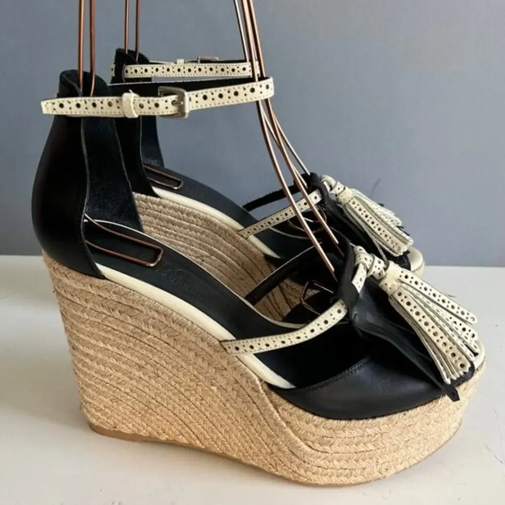 Polo Ralph Lauren Wedge Sandals Size 10 Espadrille Leather Tassels Boho‎ strappy
